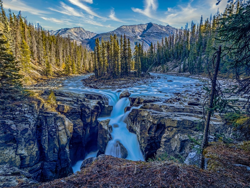 Sunwapta Falls in autumn, the river braiding through a rock canyon with spruce and mountains rising behind