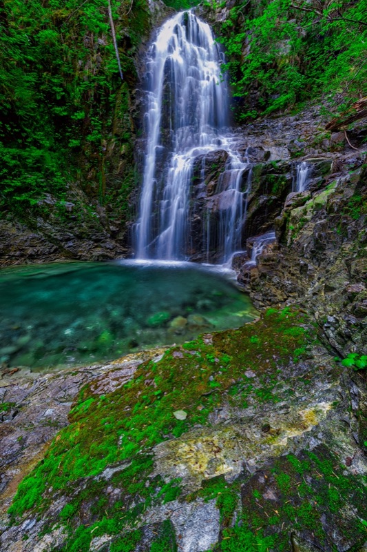 A waterfall dropping into a clear turquoise pool ringed by moss-covered rock and dense green forest